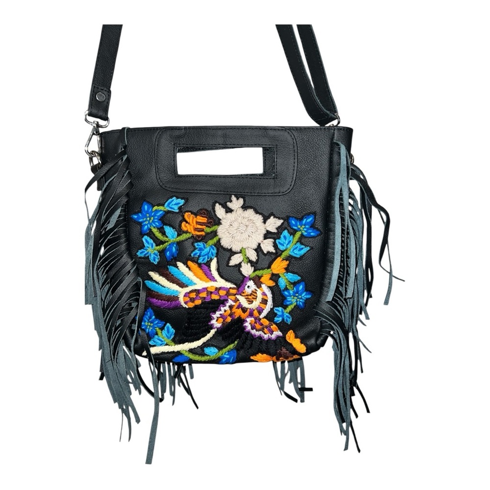 Raj LA Crossbody Embroidered Floral Bird Leather Bag with Fringe, Vintage NWOT